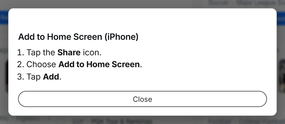 The help card for iPhone: three steps, Tap the Share icon, Choose Add to Home Screen, Tap Add