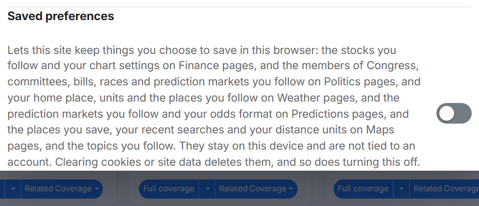The Saved preferences category in the privacy choices panel, switched off