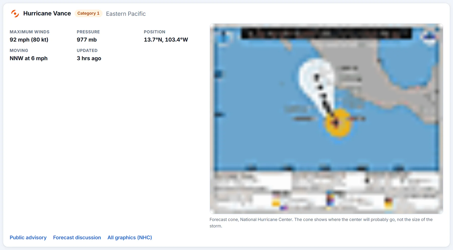 The Hurricanes and tropical storms page: how many storms are active, then a box for a storm with its category, maximum winds, pressure, position, direction of movement and the forecast cone map